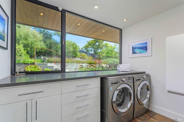86 Sugarloaf Dr, Tiburon, CA 94920 - clothes washing area featuring separate washer and dryer, cabinet space, recessed lighting, and baseboards