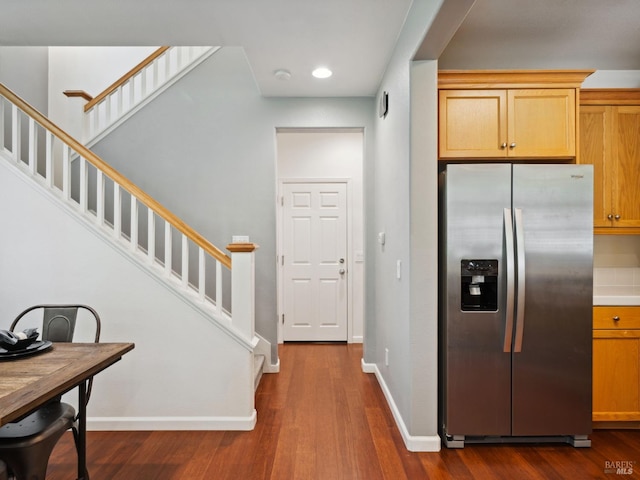 2342 Bell Flower Ln, Santa Rosa, CA 95404 - kitchen with stainless steel fridge with ice dispenser, dark wood finished floors, and recessed lighting