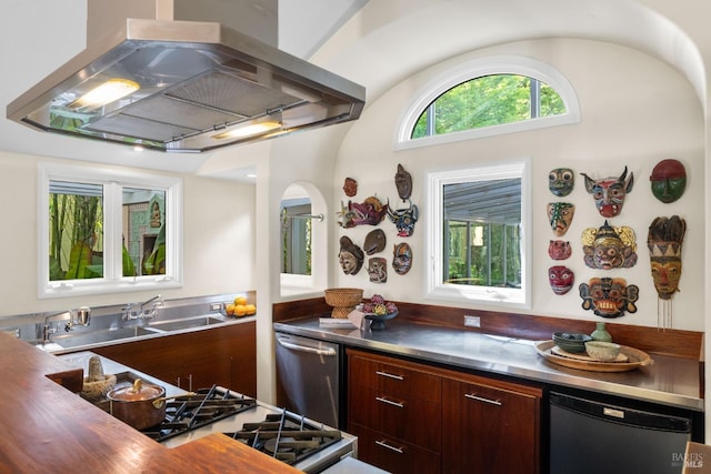 kitchen with stainless steel counters, stainless steel dishwasher, arched walkways, extractor fan, and modern cabinets