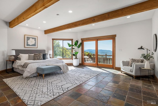 bedroom featuring recessed lighting, stone tile floors, beamed ceiling, baseboards, and access to outside