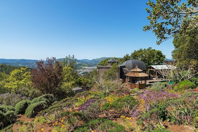 view of yard featuring a gazebo and a mountain view