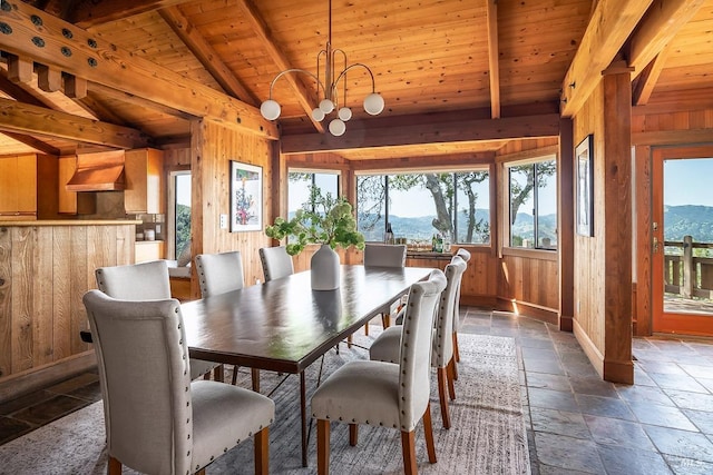 dining area featuring wood ceiling, wooden walls, lofted ceiling with beams, and a mountain view
