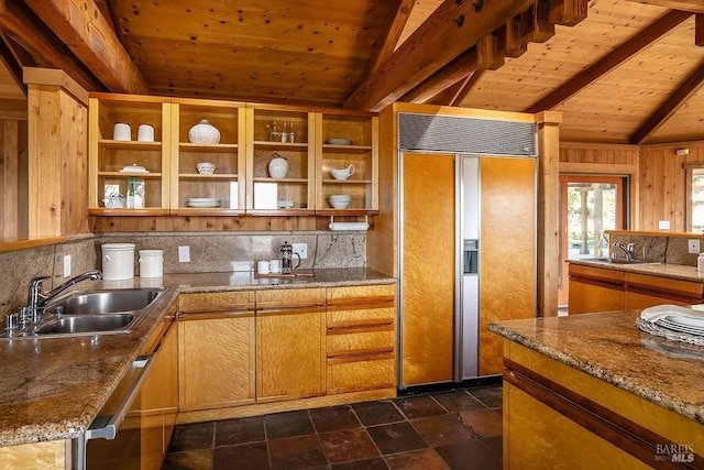 kitchen featuring open shelves, wooden ceiling, a sink, and paneled built in fridge