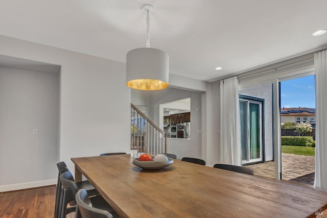 439 Mckenna Ct, Benicia, CA 94510 - dining room with baseboards, recessed lighting, stairway, and dark wood-style flooring