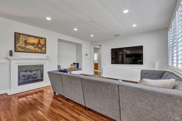 439 Mckenna Ct, Benicia, CA 94510 - living room featuring visible vents, a glass covered fireplace, wood finished floors, and recessed lighting