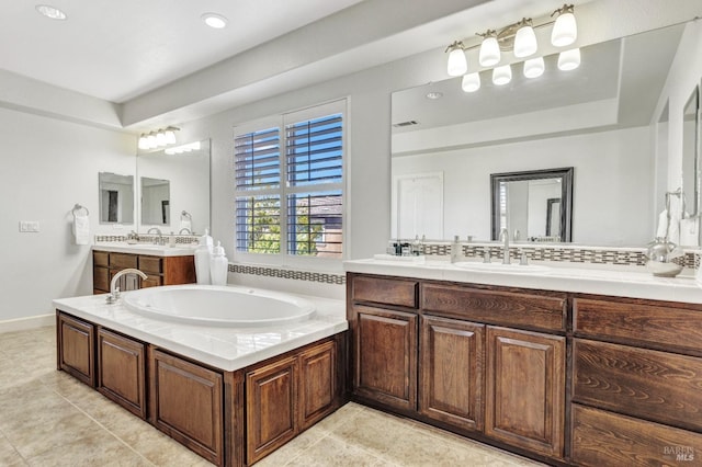 439 Mckenna Ct, Benicia, CA 94510 - full bathroom with two vanities, tile patterned floors, a garden tub, and a sink