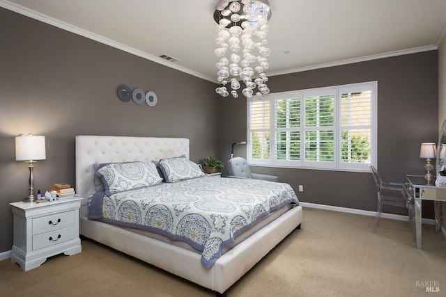 carpeted bedroom with visible vents, crown molding, and baseboards