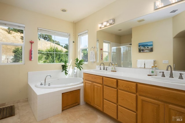 full bath with a shower stall, a healthy amount of sunlight, a sink, and visible vents