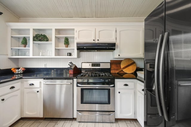 7600 Scenic Ct, Fair Oaks, CA 95628 - kitchen with appliances with stainless steel finishes, open shelves, under cabinet range hood, dark countertops, and white cabinetry