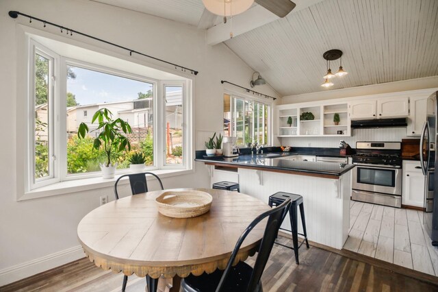 kitchen with open shelves, appliances with stainless steel finishes, dark countertops, light wood-style floors, and under cabinet range hood