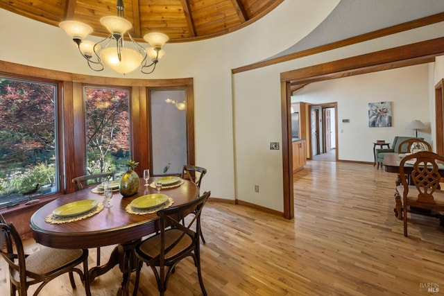 149 Auburn Way, Vacaville, CA 95688 - dining room featuring an inviting chandelier, beam ceiling, baseboards, light wood-type flooring, and wood ceiling