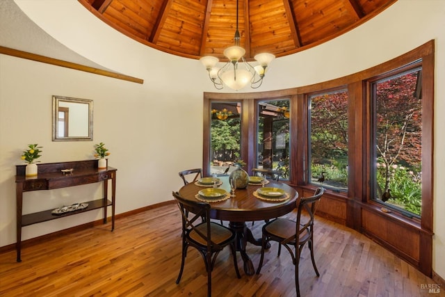 149 Auburn Way, Vacaville, CA 95688 - dining space featuring wood ceiling, beam ceiling, baseboards, an inviting chandelier, and hardwood / wood-style floors