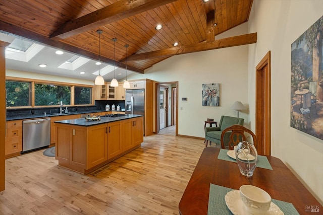 149 Auburn Way, Vacaville, CA 95688 - kitchen with dark countertops, appliances with stainless steel finishes, wooden ceiling, and light wood-style flooring