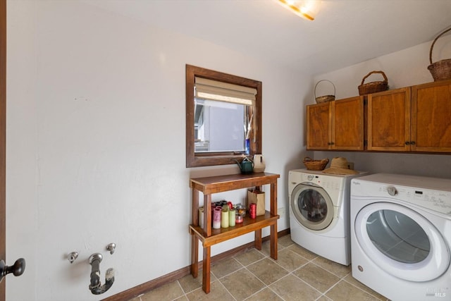 149 Auburn Way, Vacaville, CA 95688 - clothes washing area featuring washing machine and clothes dryer, baseboards, and cabinet space