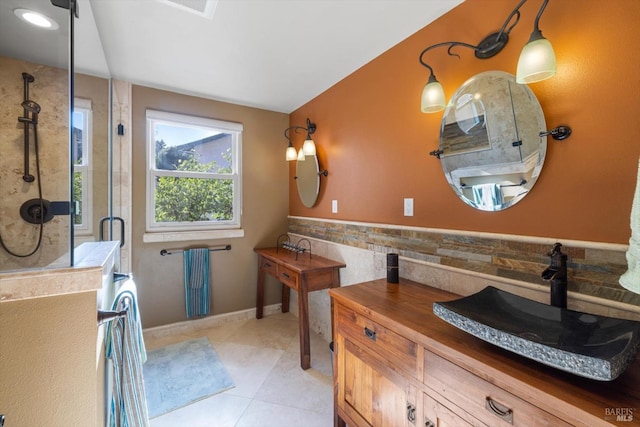 149 Auburn Way, Vacaville, CA 95688 - full bathroom with tile walls, wainscoting, a stall shower, vanity, and tile patterned floors