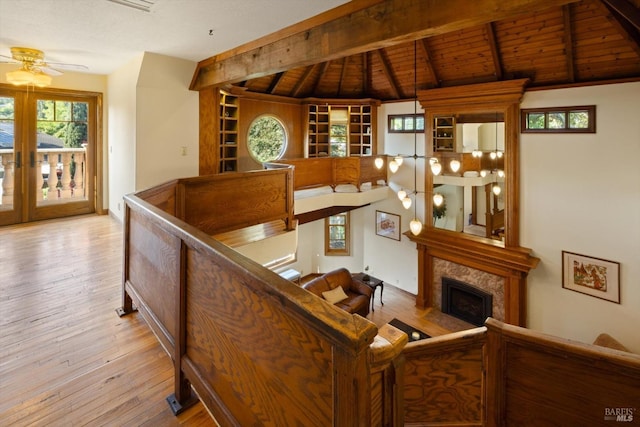 149 Auburn Way, Vacaville, CA 95688 - interior space featuring ceiling fan, lofted ceiling with beams, wood-type flooring, french doors, and wooden ceiling