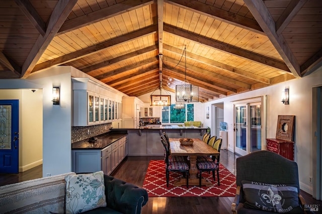 dining room featuring lofted ceiling with beams, dark wood finished floors, baseboards, a notable chandelier, and wood ceiling