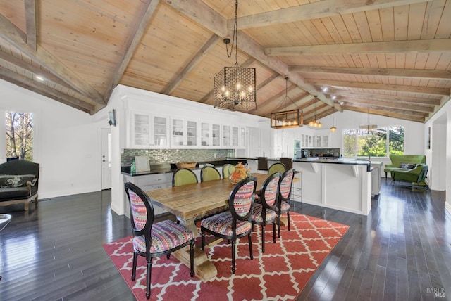 dining area featuring wood ceiling, dark wood-style flooring, a notable chandelier, and beam ceiling
