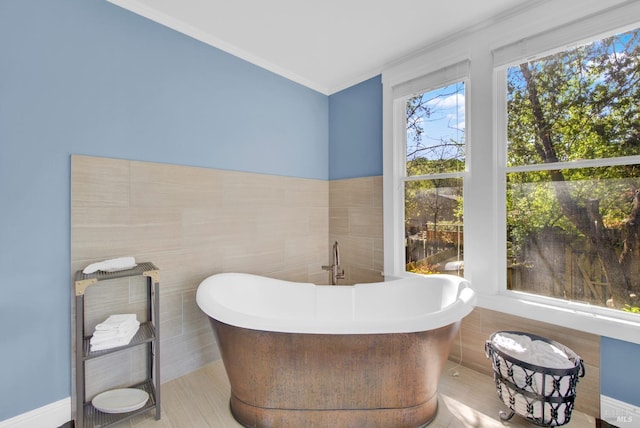 full bathroom featuring a freestanding bath, tile walls, and ornamental molding