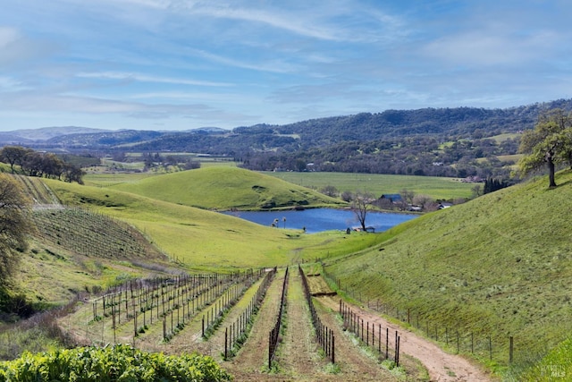 exterior space with a water and mountain view and a rural view