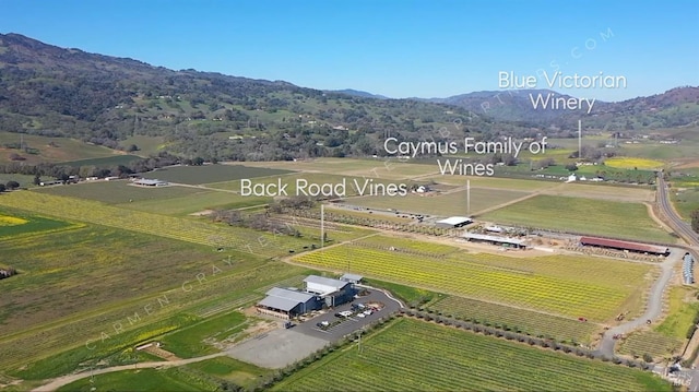 aerial view featuring a rural view and a mountain view