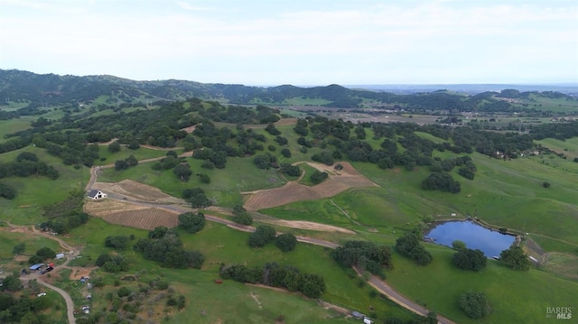 birds eye view of property featuring a water and mountain view