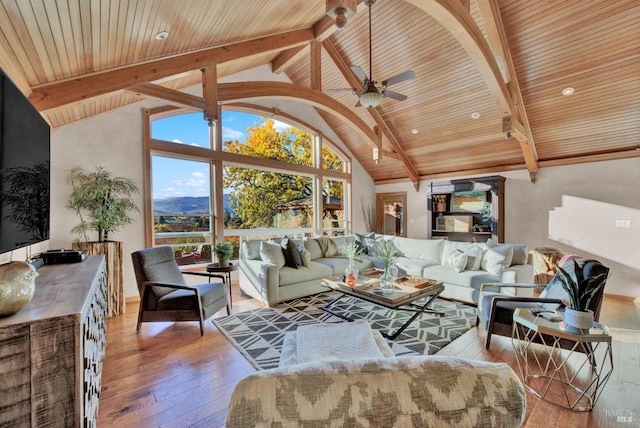living area featuring lofted ceiling with beams, baseboards, a ceiling fan, wooden ceiling, and wood-type flooring