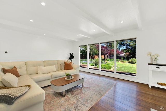 living room with hardwood / wood-style floors, baseboards, beam ceiling, and recessed lighting