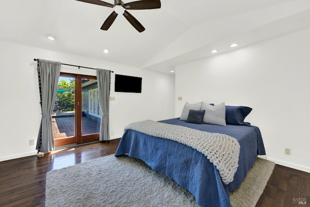 bedroom featuring recessed lighting, lofted ceiling, wood finished floors, baseboards, and access to outside