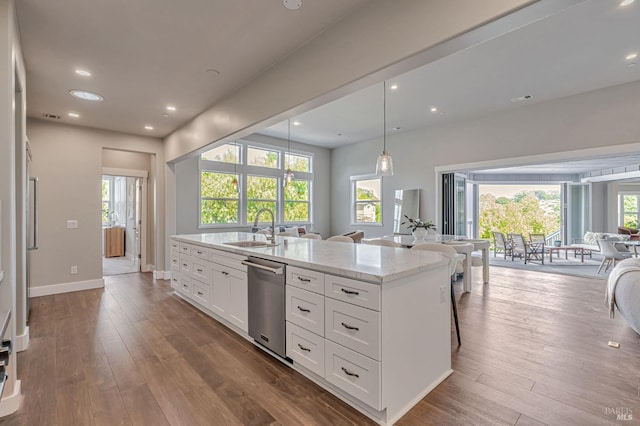 12 Rose Ct, Novato, CA 94945 - kitchen with dishwasher, a sink, white cabinets, dark wood-style floors, and recessed lighting