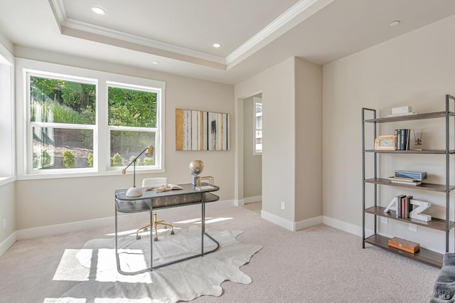 12 Rose Ct, Novato, CA 94945 - office area featuring crown molding, healthy amount of natural light, a tray ceiling, carpet, and baseboards