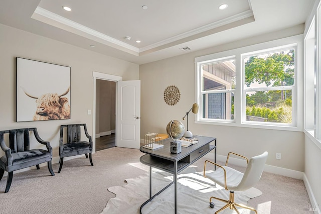 12 Rose Ct, Novato, CA 94945 - office area with a raised ceiling, light carpet, ornamental molding, recessed lighting, and baseboards