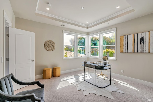 12 Rose Ct, Novato, CA 94945 - office with crown molding, a tray ceiling, light colored carpet, recessed lighting, and baseboards