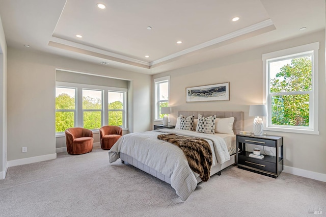 12 Rose Ct, Novato, CA 94945 - bedroom with a raised ceiling, baseboards, light colored carpet, recessed lighting, and ornamental molding