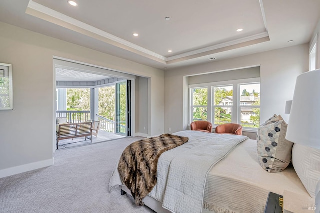 12 Rose Ct, Novato, CA 94945 - bedroom featuring access to outside, a tray ceiling, carpet floors, multiple windows, and crown molding