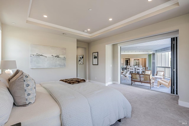 12 Rose Ct, Novato, CA 94945 - carpeted bedroom with a tray ceiling, access to outside, crown molding, baseboards, and recessed lighting