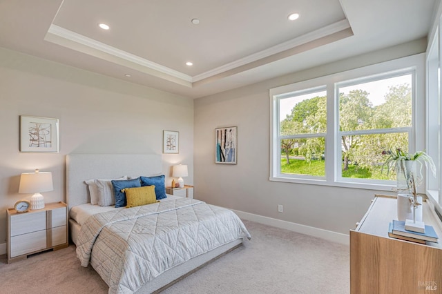 12 Rose Ct, Novato, CA 94945 - bedroom with crown molding, a raised ceiling, light colored carpet, baseboards, and recessed lighting