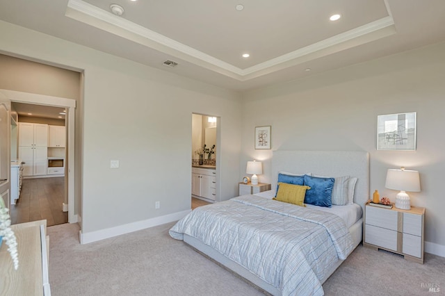 12 Rose Ct, Novato, CA 94945 - bedroom featuring a raised ceiling, crown molding, baseboards, light colored carpet, and recessed lighting