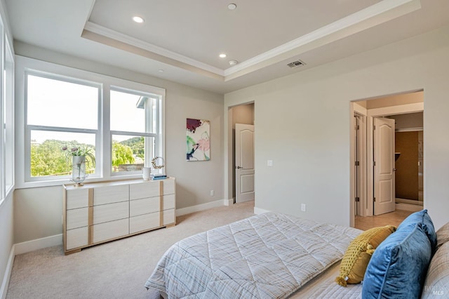 12 Rose Ct, Novato, CA 94945 - bedroom featuring crown molding, a tray ceiling, baseboards, recessed lighting, and light carpet