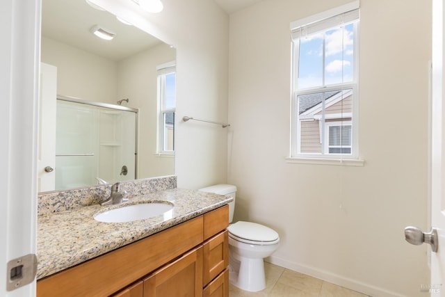 full bath featuring tile patterned floors, a shower with door, toilet, vanity, and baseboards