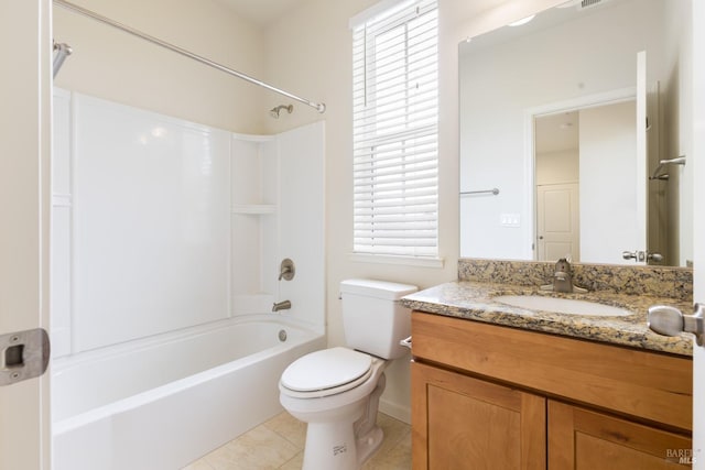 bathroom featuring a wealth of natural light,  shower combination, toilet, tile patterned flooring, and vanity