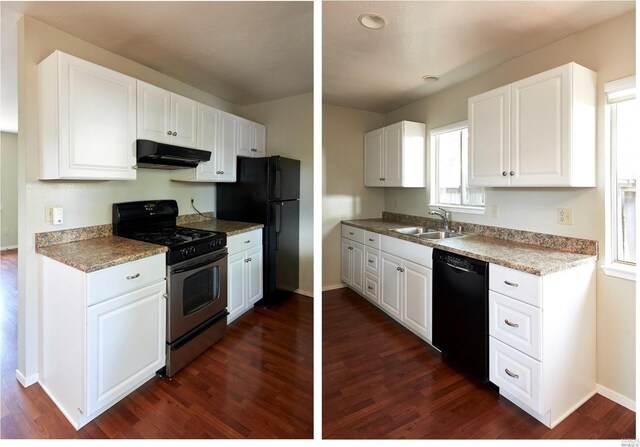 kitchen featuring white cabinets, dark wood-style floors, under cabinet range hood, a sink, and black appliances