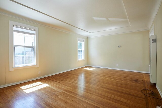 spare room featuring wood finished floors, baseboards, and ornamental molding