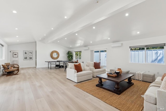 1030 Thompson Ln, Petaluma, CA 94952 - living area featuring an AC wall unit, light wood-style floors, and recessed lighting