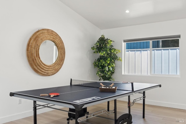 1030 Thompson Ln, Petaluma, CA 94952 - recreation room featuring baseboards, light wood-style floors, and recessed lighting