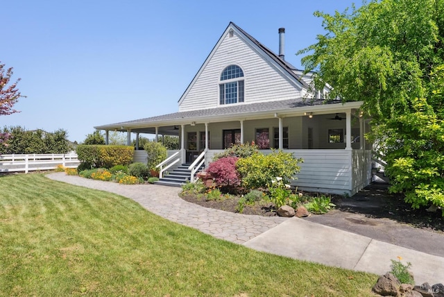1030 Thompson Ln, Petaluma, CA 94952 - farmhouse with covered porch, a ceiling fan, and stairs