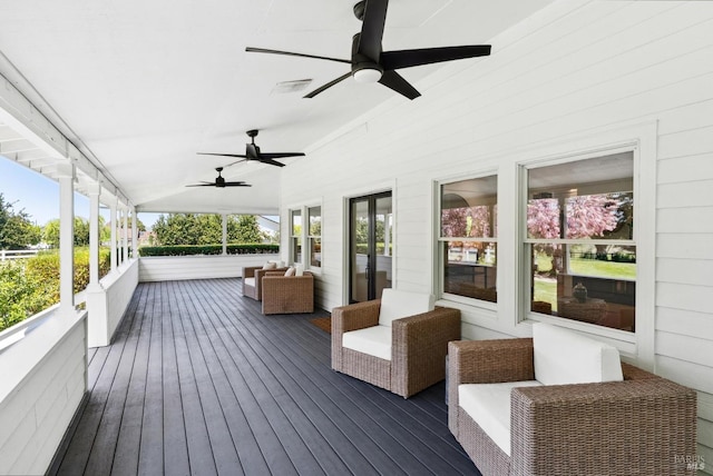 1030 Thompson Ln, Petaluma, CA 94952 - wooden porch with a ceiling fan