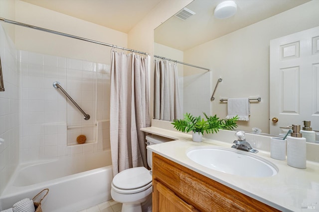 full bathroom featuring toilet, vanity, shower / tub combo with curtain, and visible vents