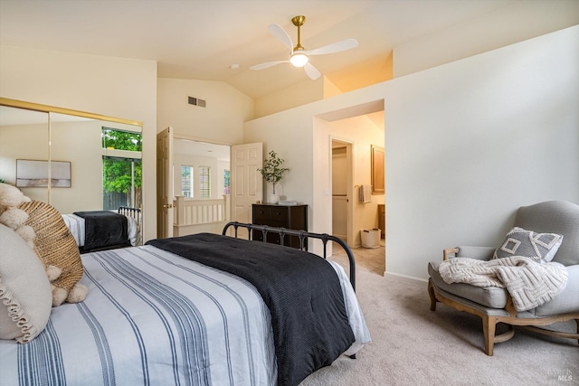 bedroom with ceiling fan, baseboards, carpet flooring, access to exterior, and visible vents