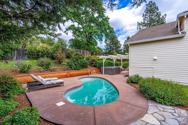 view of swimming pool with a fenced in pool, a pergola, a fenced backyard, a patio area, and a hot tub